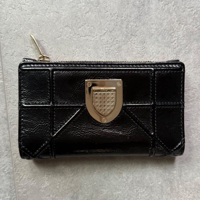 Christian Dior Ama Patent Leather Fold Wallet Card Case Coin Case Compact Wallet