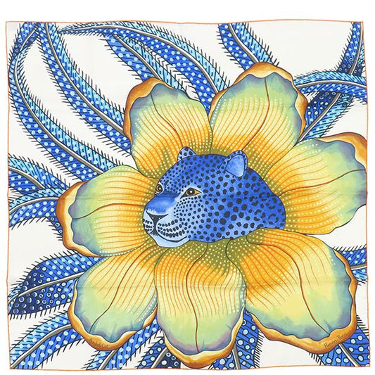 Hermes Scarf Carre 90 Carre Silk Orange Blue and Multicolor [baobab Cat Baobab