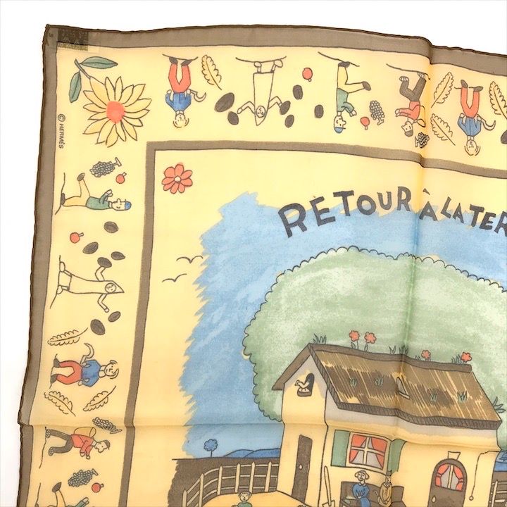 Hermes Petit Carre 40 Retour Ala Terre Return to Silk Yellow Scarf