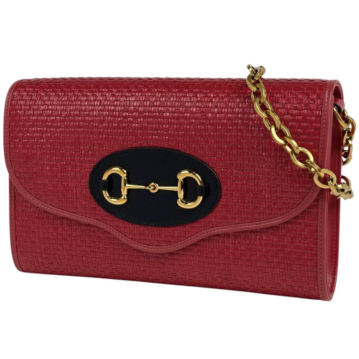 Gucci Horsebit Chain Shoulder Bag 2-Way Clutch Straw Red