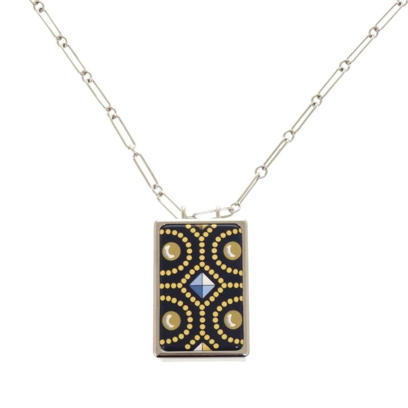 Hermes Boite A Reve Pendant Accessory Case Metal Silver Navy Necklace 1421