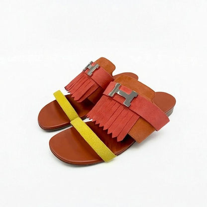 Hermes Coralia Sandals Shoes Suede Red Orange Yellow Flat Mule Hhardware Fringe