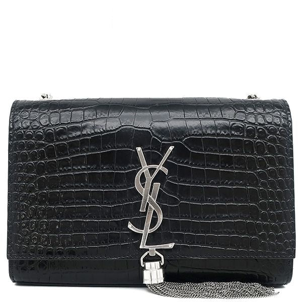 Saint Laurent Shoulder Bag Kate Tassel Chain Leather Black Silver Monogram