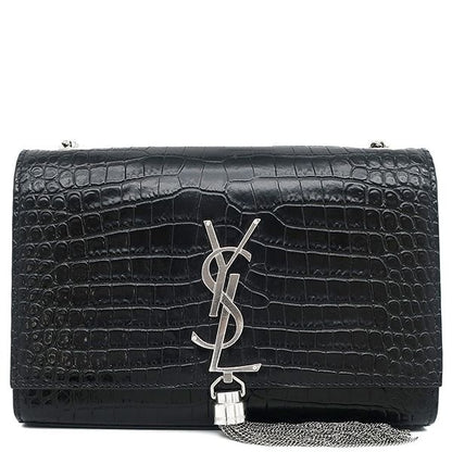 Saint Laurent Shoulder Bag Kate Tassel Chain Leather Black Silver Monogram