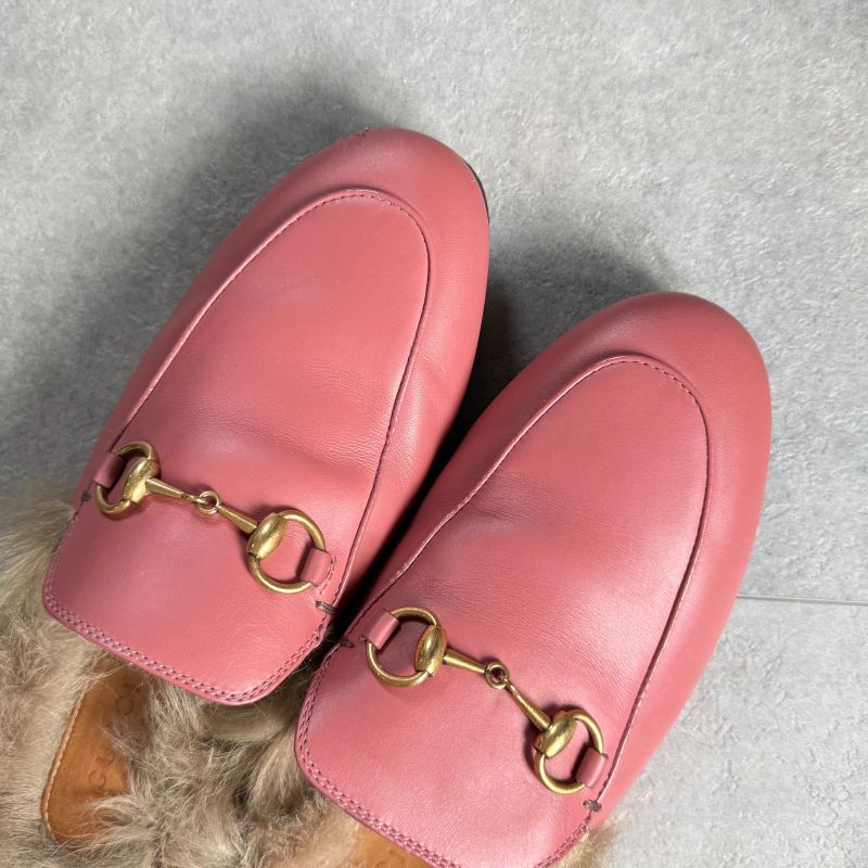 Gucci Prince Town Horsebit Loafer Sandal Fur Slip on Pink Gold Hardware Leather