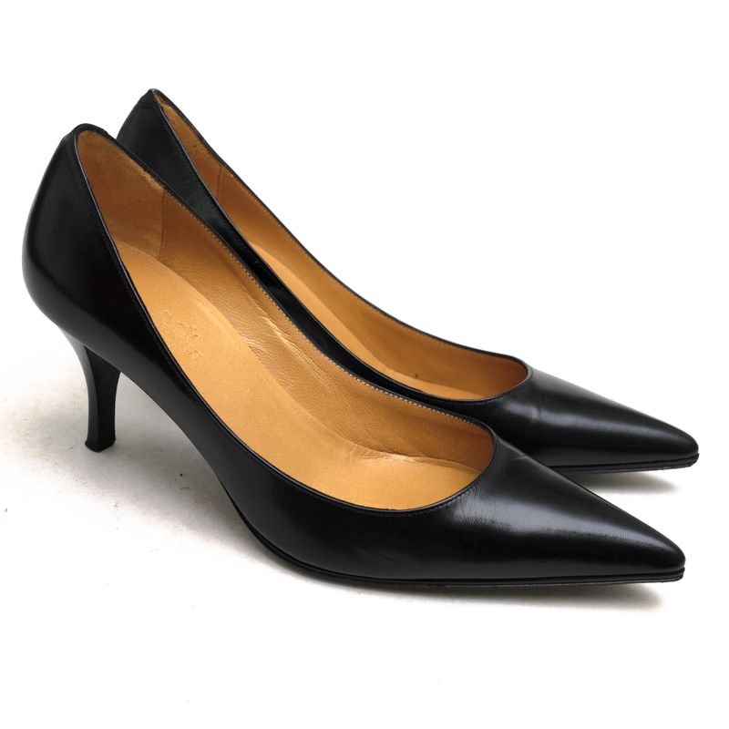 Hermes Pumps Shoes Women Leather Genuine Black Pointed Toe