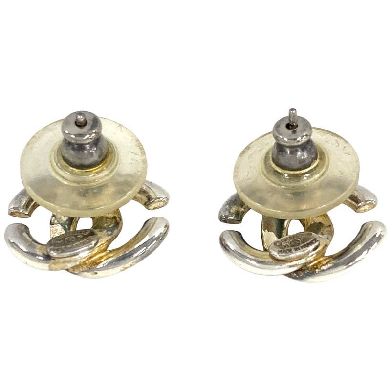 Chanel Coco Mark Earrings Silver Stamped Metal 01P