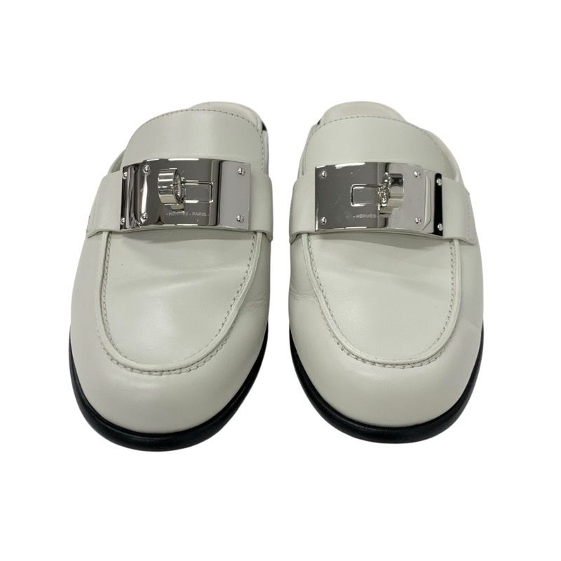Hermes Jota Flat Shoes Leather Ivory Silver Kelly Hardware Mule Slipper Sandals