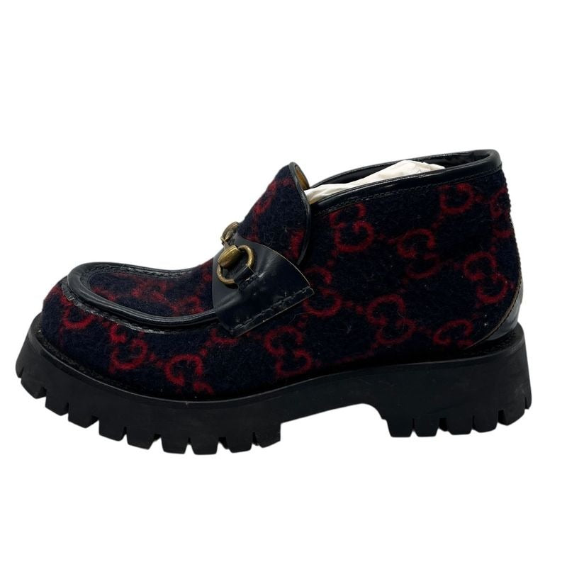 Gucci Boots Wool Horsebit Loafers 6 1 2 Navy Red GG Pattern Thick 2704