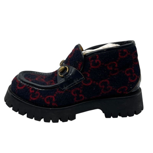 Gucci Boots Wool Horsebit Loafers 6 1 2 Navy Red GG Pattern Thick 2704