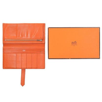 Hermes Bearn □H Engraved Svhardware Chevre Orange Long Wallet For Men