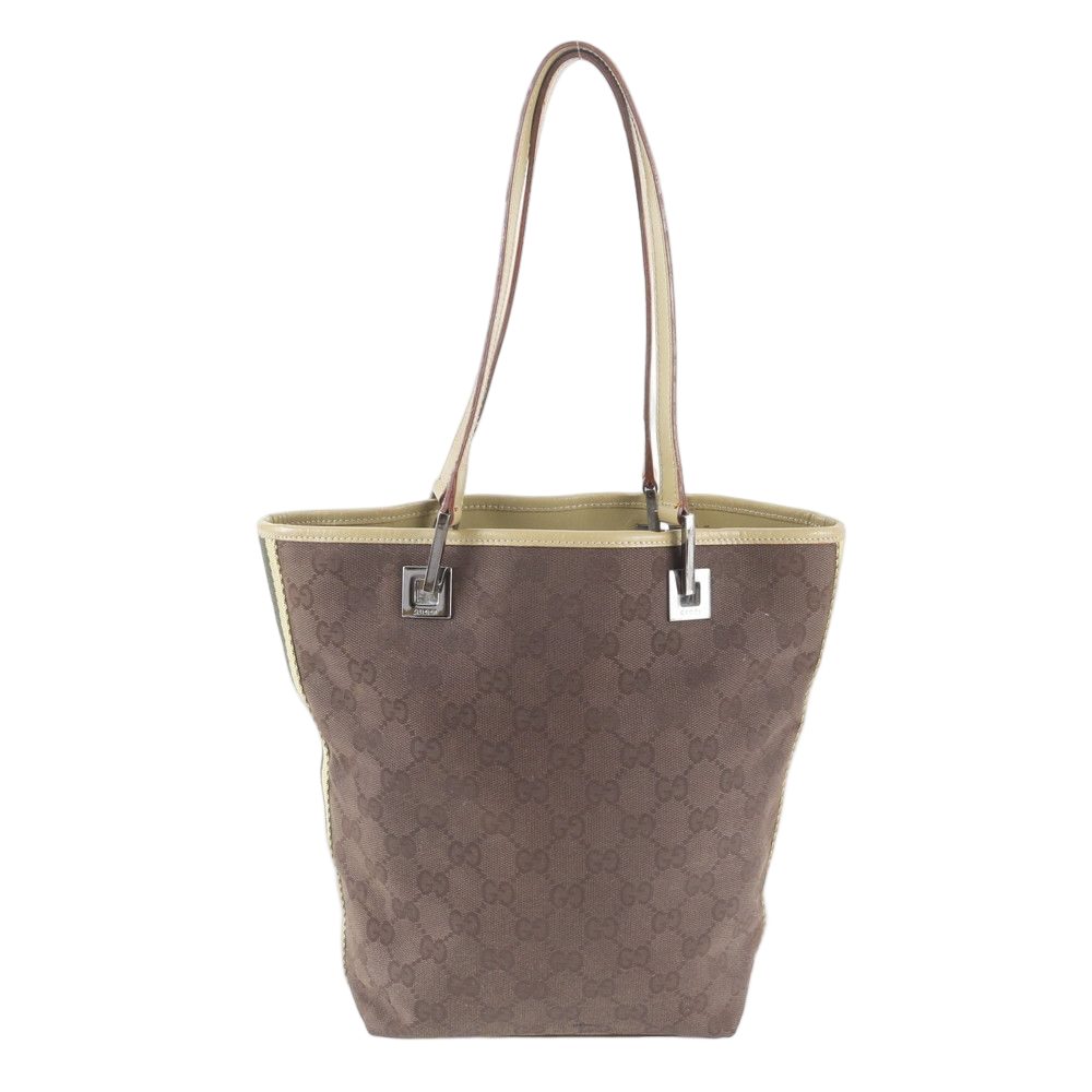 Gucci GG Canvas Leather Handbag Tote Brown