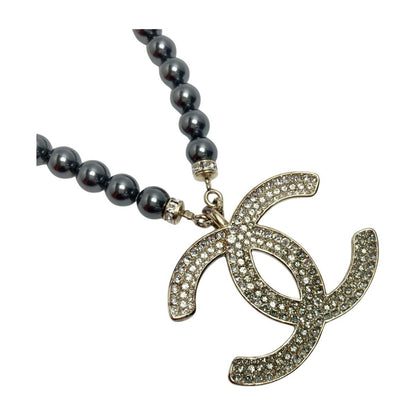 Chanel Coco Mark Rhinestone Faux Pearl Necklace C23 P Champagne Gold Black