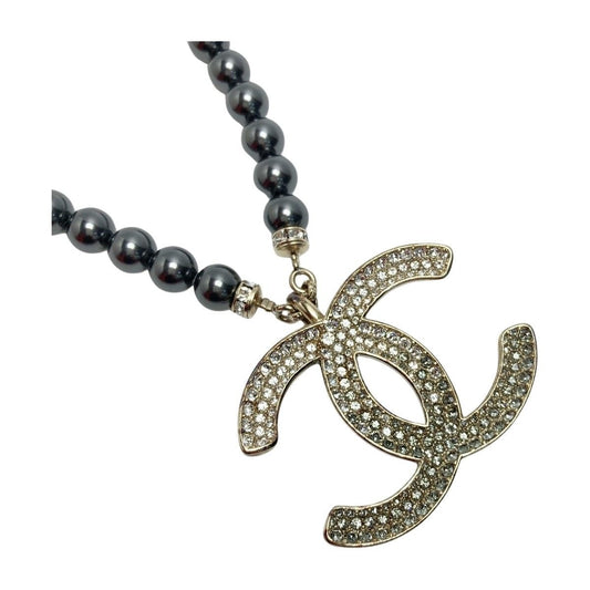 Chanel Coco Mark Rhinestone Faux Pearl Necklace C23 P Champagne Gold Black