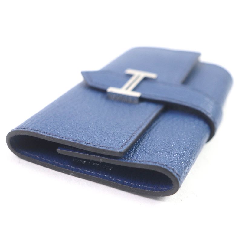 Hermes Bearn H Logo Silver Hardware Chèvre Leather 4-ring Key Case Blue Dmarte