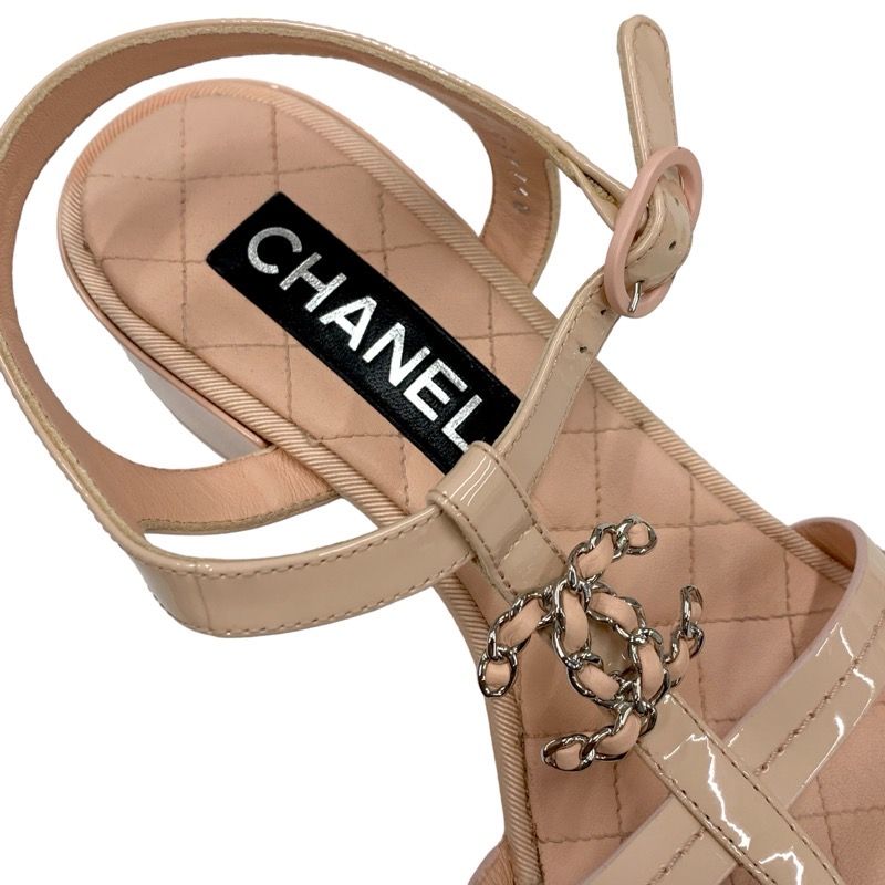 Chanel Sandals Shoes Patent Leather Pink Coco Mark Matelasse Thong Sandals