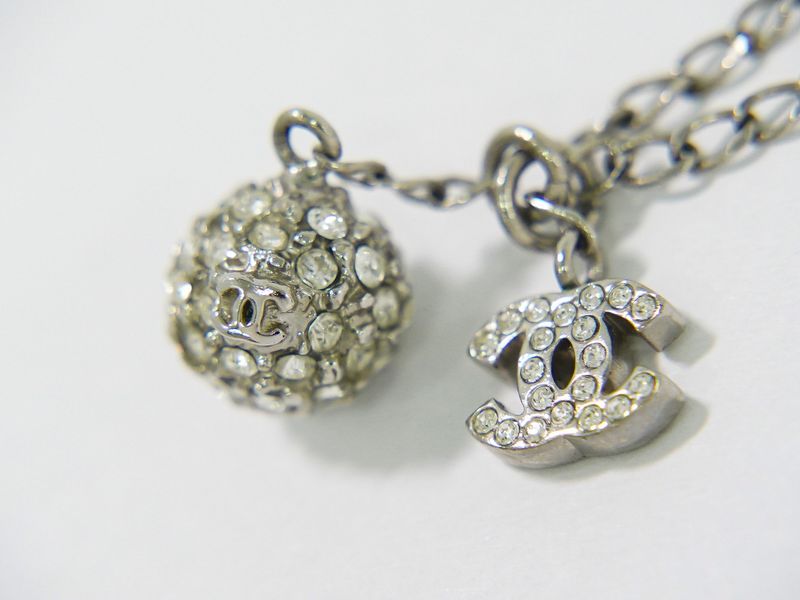 Authentic Chanel Coco Mark Ball Rhinestone Necklace Pendant Metal Silver