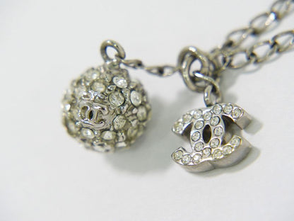 Authentic Chanel Coco Mark Ball Rhinestone Necklace Pendant Metal Silver