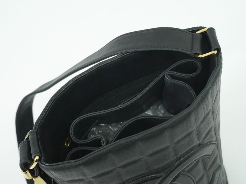 Authentic Chanel Coco Mark Chocolate Bar Shoulder Bag Lambskin Leather Black