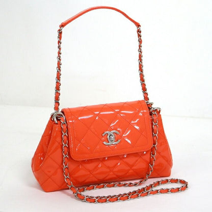 Chanel Quilted Enamel Chain Shoulder Orange Silver Patent