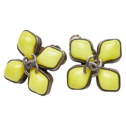 Chanel CC Logo Vintage Flower Motif Silver Yellow Metal Enamel Earrings