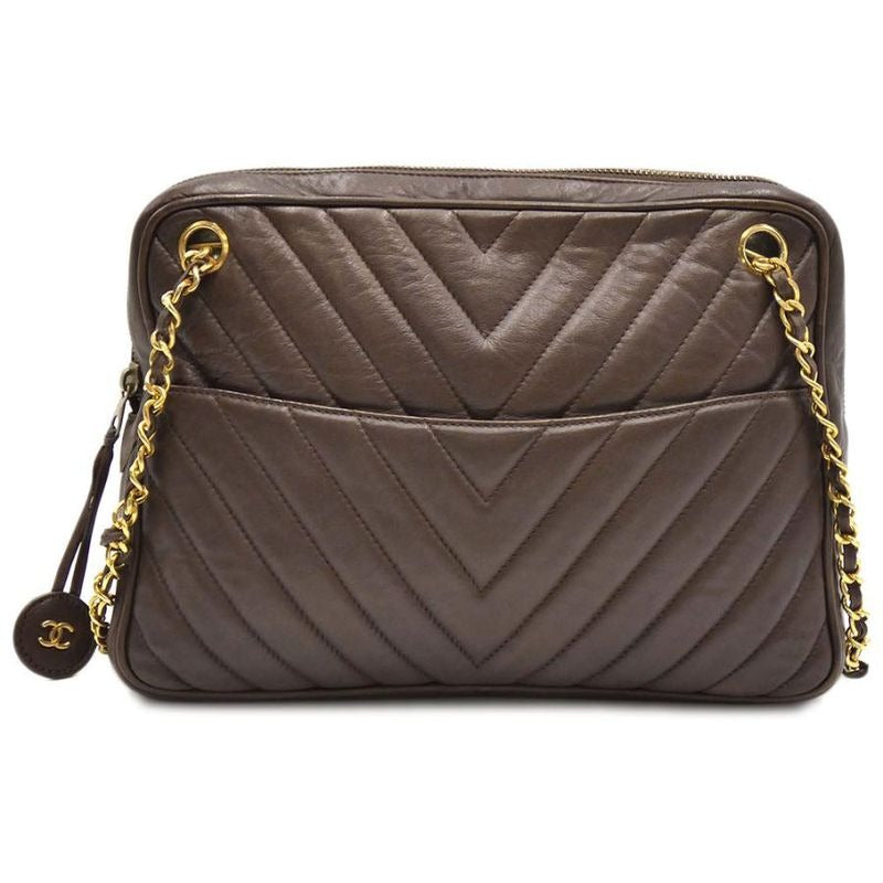 Chanel Double Chain V-Stitch Lambskin Brown Shoulder Bag