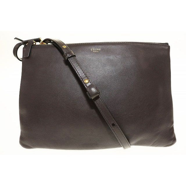 Celine Trio Large Shoulder Bag Pochette Crossbody Leather Pouch Brown Aa