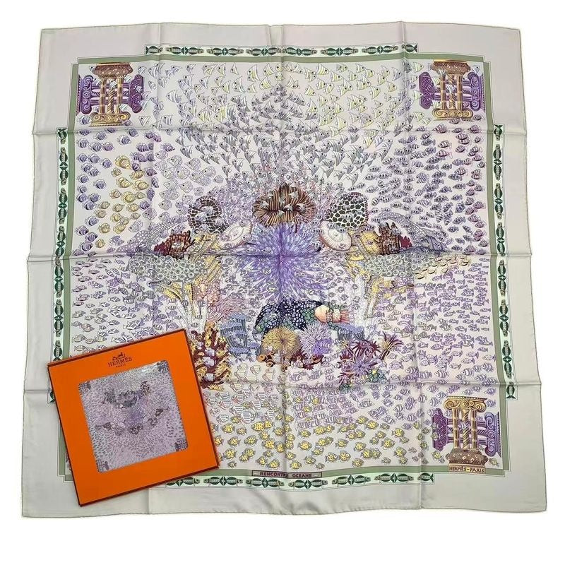 Hermes Scarf Carre 90 Silk Rencontre Oceane Atlantic Meeting Purple Box