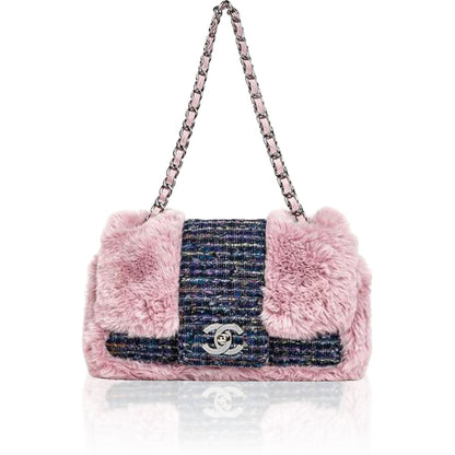 Chanel 2005 Vintage Classic Flap Chain Tweed Rabbit Fur Shoulder Bag Pink