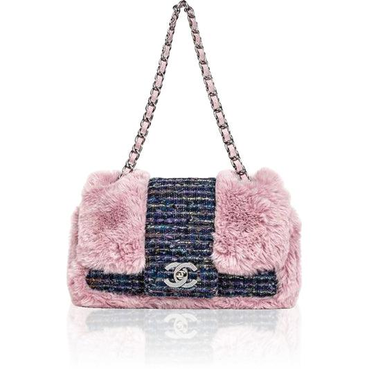 Chanel 2005 Vintage Classic Flap Chain Tweed Rabbit Fur Shoulder Bag Pink