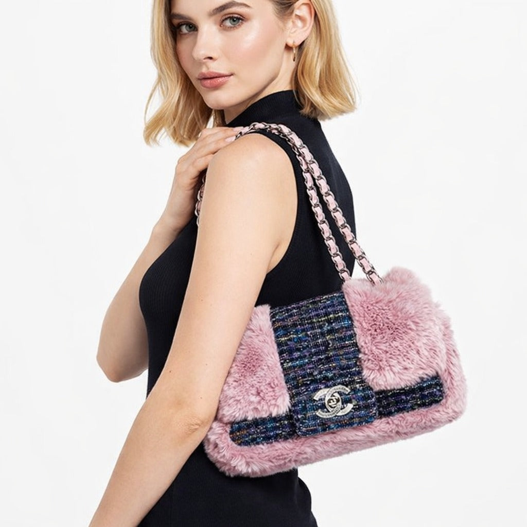 Chanel 2005 Vintage Classic Flap Chain Tweed Rabbit Fur Shoulder Bag Pink — view 2