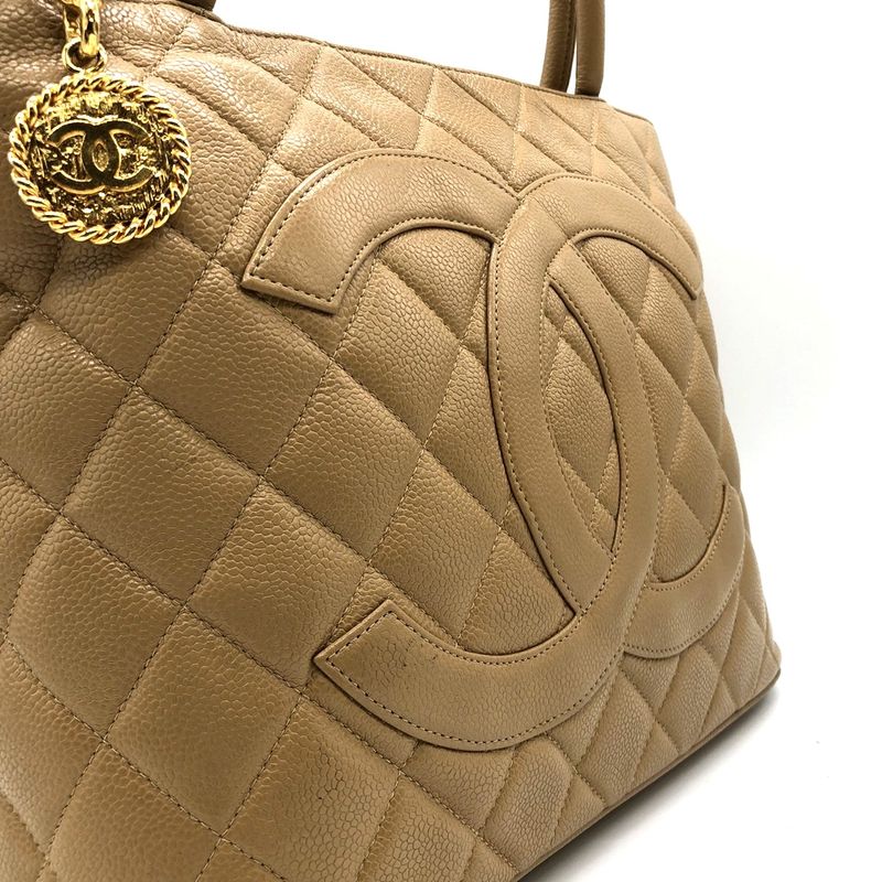 Chanel Tote Shoulder Bag Coco Mark Matte Caviar Skin Beige Ladies