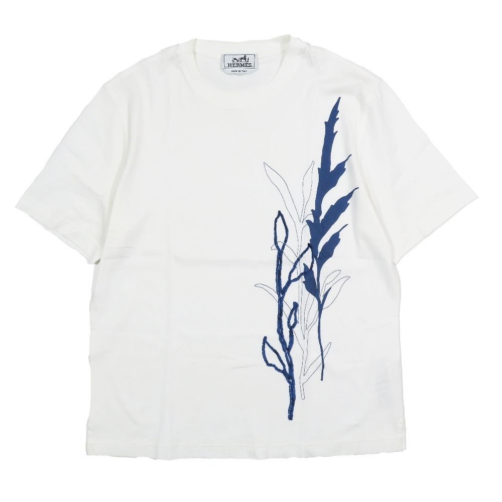 Hermes Herbarium Print Embroidery T-Shirt Short Sleeve Crew Neck Top White Blue