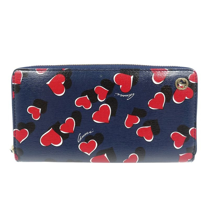 Gucci Heart Leather Gold Hardware Navy Red Round Zipper Long Wallet 1200