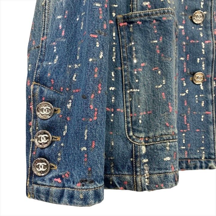 Chanel Coco Button Sequin Denim Jacket 38 Blue