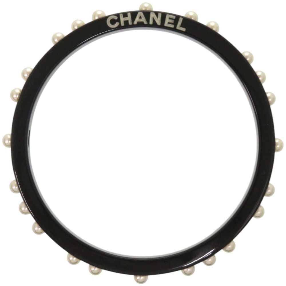 Chanel Logo Faux Pearl Plastic Black Bangle