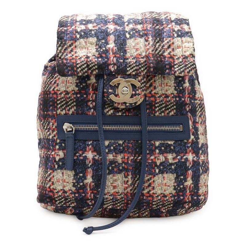 Chanel Tweed Print Chain Shoulder Rucksack Sac Backpack Nylon Blue