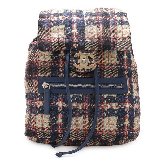 Chanel Tweed Print Chain Shoulder Rucksack Sac Backpack Nylon Blue