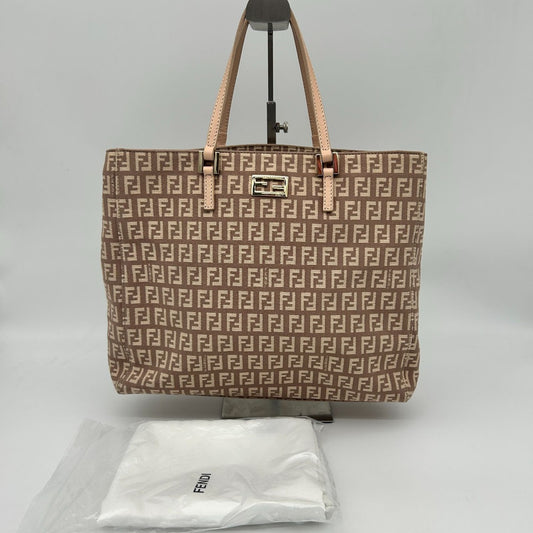 Fendi Zucchino Zucca Pattern Tote Canvas Leather Pink Beige Gold