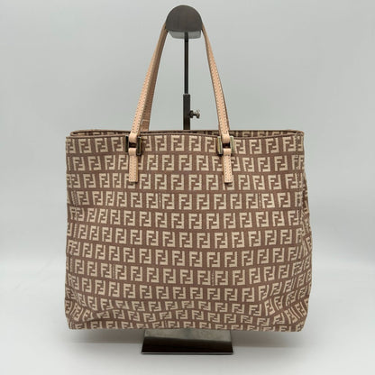 Fendi Zucchino Zucca Pattern Tote Canvas Leather Pink Beige Gold — view 4
