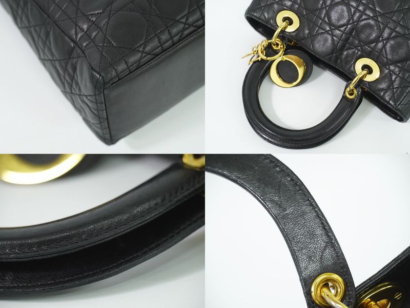 Authentic Christian DIOR Lady Dior Cannage Handbag Leather Black Lady Dior Bag