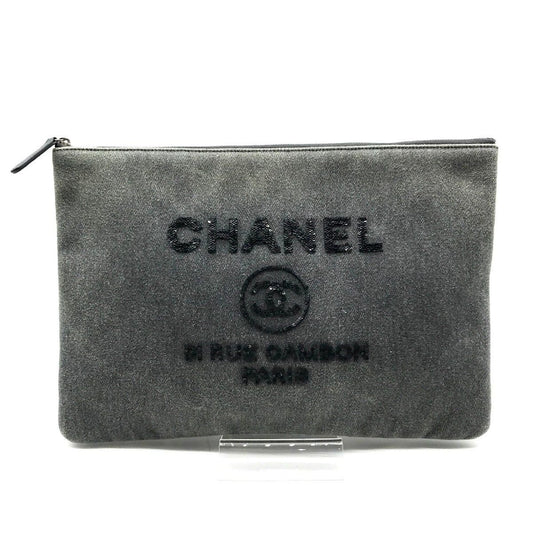 Chanel CC Logo Deauville Denim Sequin Clutch Gray Jeans