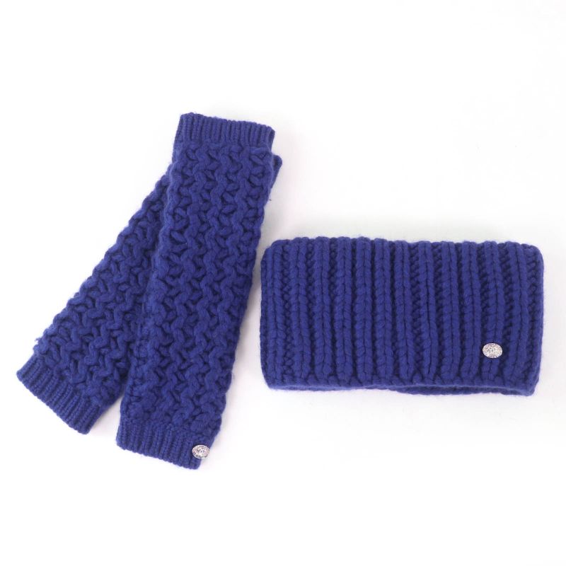 CHANEL P72987k10476 Knit Neck Warmer/arm Warmer 2-piece Set With Coco Mark Blue