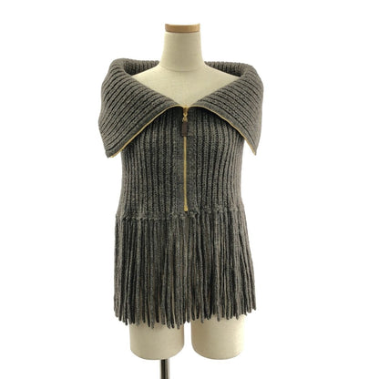 Gucci Alpaca Wool Zip Fringe Knit Cape Poncho S Brown