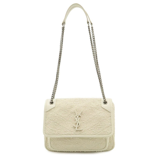 Saint Laurent Paris Yves YSL Niki Baby Chain Shoulder Cles Tweed Leather White