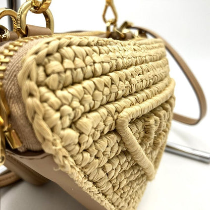Prada Triangle Shoulder Bag Chain Bag Mini Bag 1nr015 Raffia Beige Women