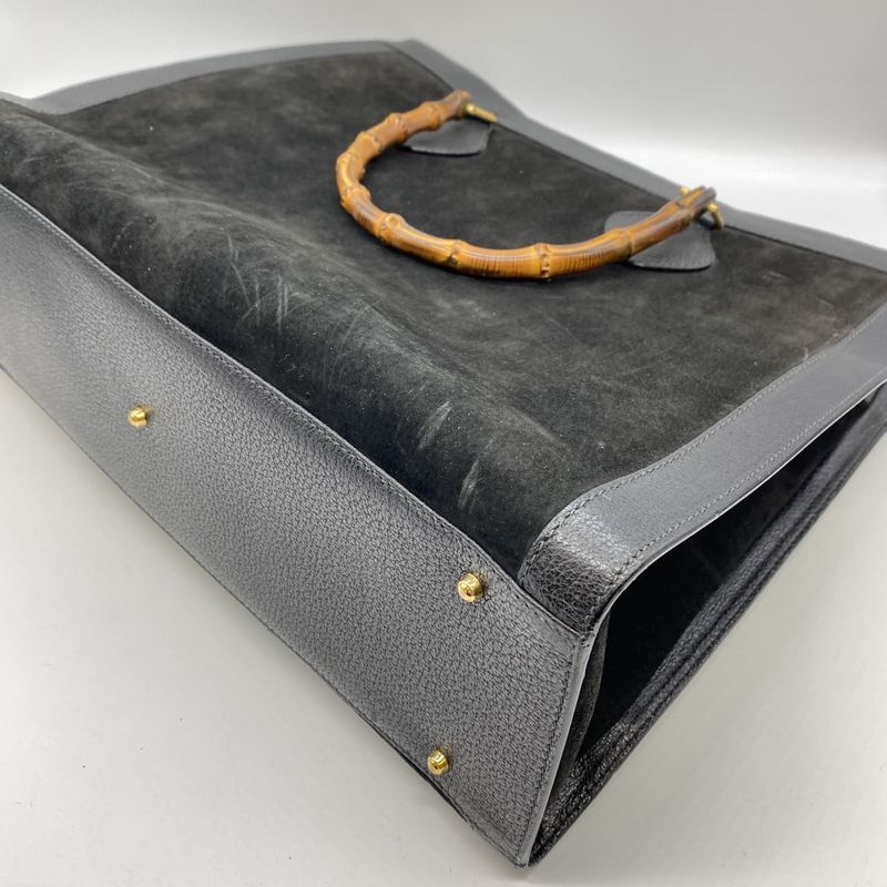 Gucci 002 853 Tote Bag Bamboo Suede Leather Black Ladies Men Vintage