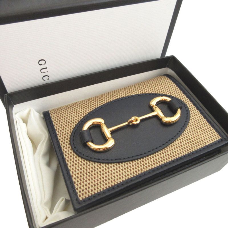 Gucci Horsebit 621887 Compact Wallet Canvas Leather Beige Navy Blue Bifold