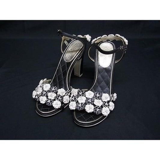 Chanel CC Logo Camellia Leather Heel Sandals 36 Shoes Black