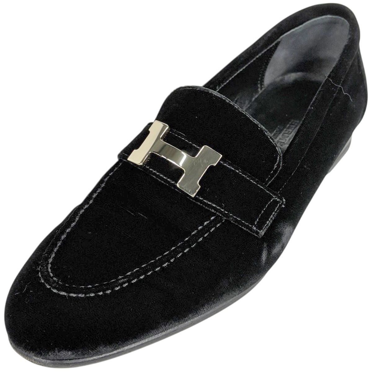 Hermes H Logo Loafers Shoes Suede Black